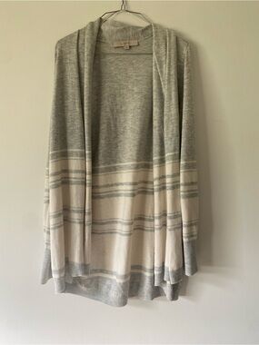 LOFT Gray and Cream Striped Open-Front Cardigan